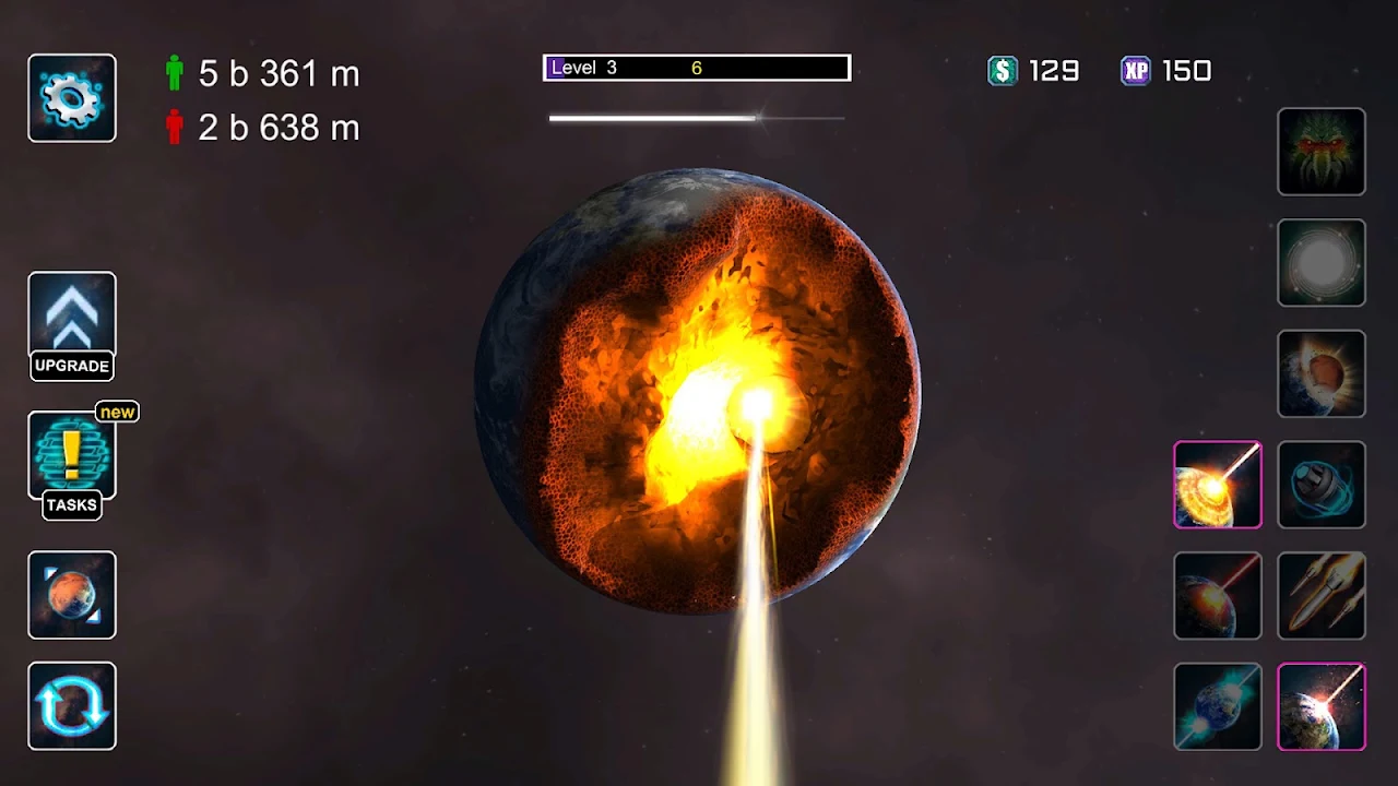 Planet Smash gameplay: a planet being destroyed by a laser